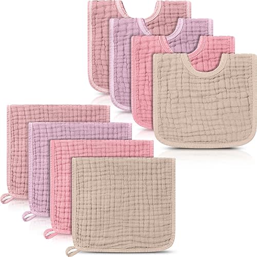 Tallew 8 Pack Muslin Burp Cloths and Baby Bibs for Boy Girl 20" x 10" Cotton Baby Bandana Drool Bibs Muslin Burp Cloths Absorbent Rag for Newborn Toddler Infant Gifts(Pink Series)