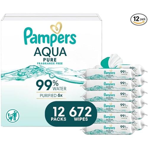 Pampers Baby Wipes Aqua Pure, 99% water-based wipes, Hypoallergenic and Unscented Baby Wipes, 672 Wipes Total (12 Flip-Top Packs)