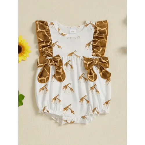 baby girl giraffe romper bow flying sleeve round neck - Temu