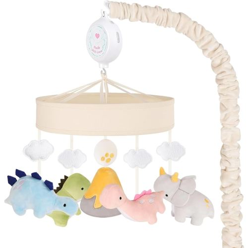 Dinosaur Crib Mobile – Beige Dino Baby Crib Mobile with 3-Mode Music Box, Nursery Mobile with Triceratops, T-Rex, Volcano, Fits Standard Cribs