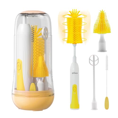 Electric Bottle Brush Cleaner, Portable Electric Baby Bottle Brush Cleaner for Travel, Rechargable Travel Bottle Cleaner Kit with Nipple & Straw Brush, Perfect Mom Essentials After Birth Gift, Yellow