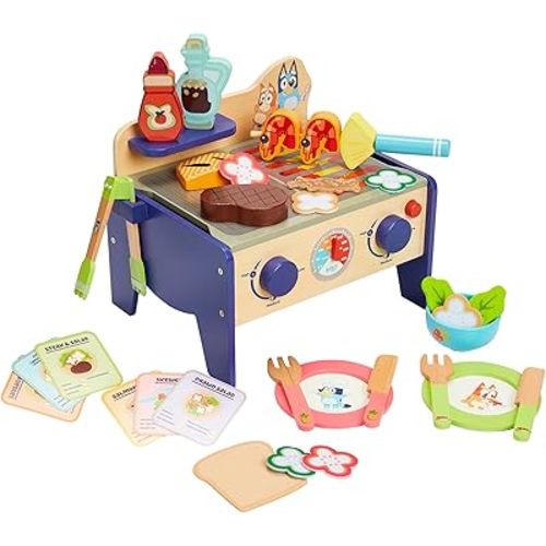 Bluey 8th Wonder Wooden Salad & BBQ Grill Toy Set, 33-Piece Play BBQ Food Set with Tongs, Food, and 6 Recipe Cards, Kitchen Toys for Kids Ages 3+