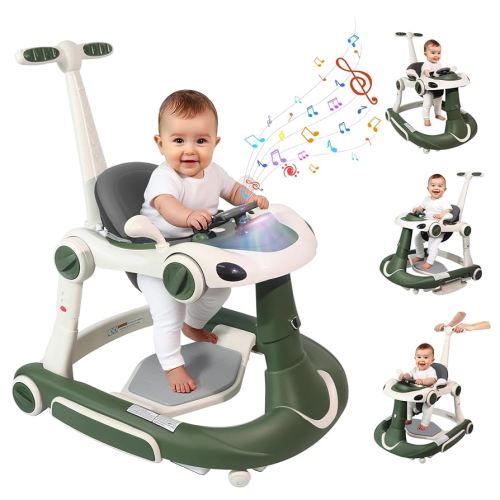 Baby Walker, 4-in-1 Baby Walker with Wheels Portable, Foldable Infant Toddler Walker for Boys Girls 6-18 Month,Removable Footrest,Car Steering Wheel & Music, Adjustable Push Walker Green