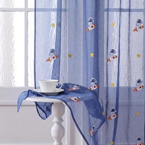 Tegeme 2 Panels Blue Astronaut Sheer Curtains for Bedroom 84 Inch