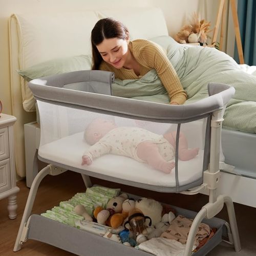 HARPPA Cuddly Bassinet, 2 in 1 Baby Bassinet with Breathable Mesh and Mattress, 6 Height Adjustable, Bedside Sleeper with Anchor Strap, Storage Basket and Wheels