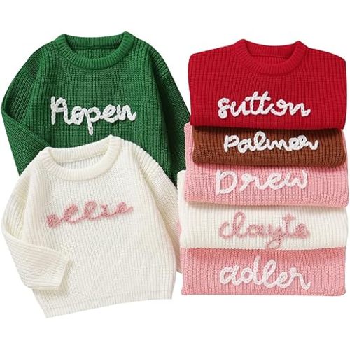 Personalized Toddler Knit Sweater with Hand-Embroidered Name, Custom Name Baby Boy or Girl Gift for Birthday, Baby Shower Multi
