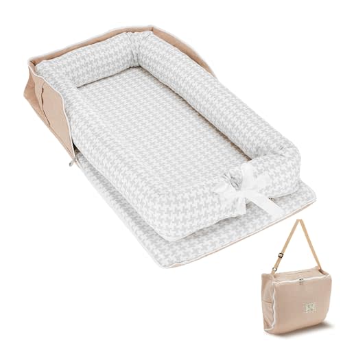 Baby Lounger for Newborn, Portable Breathable Baby Nest Infant Lounger Adjustable U-Shaped Safety Bumper for Cozy Comfort - Grey Houndstooth