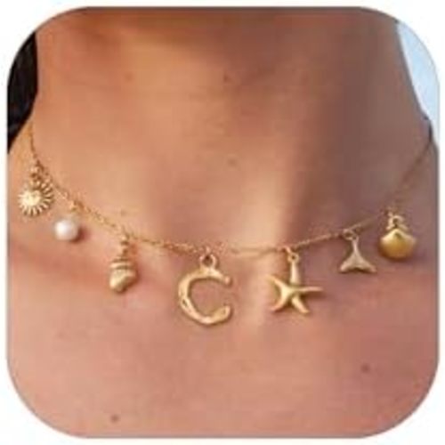 SLOONG Initial Charm Necklace for Women, Beach Pendant 14K Gold Plated Letter Neckalces Freshwater Pearl Choker Boho Summer Jewelry Gifts