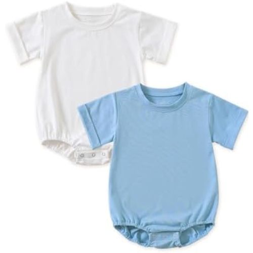 Jimonda Baby Bubble Romper Boy Girl Solid Color T-Shirt Outfits Short Sleeve Bodysuit Organic Cotton 2Pcs