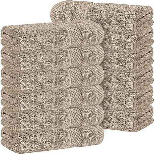 White Classic Luxury Cotton Washcloths 13x13 Inch - 650 GSM Turkish Cotton | Hotel, Spa, Bathroom Face Towel | 12 Pack, Taupe
