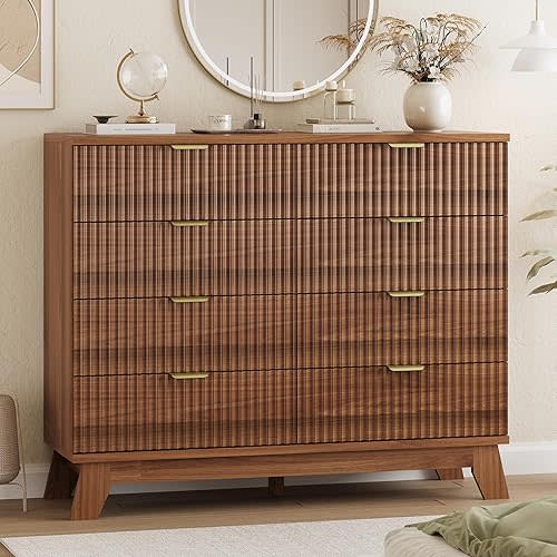 Xixini Fluted Dresser for Bedroom with 8 Drawers, 48" Wide Modern Chest of Drawers with Metal Handle, Wooden Dresser TV Stand, Wood Closet Clothes Storage Organizer for Living Room, Hallway, Walnut