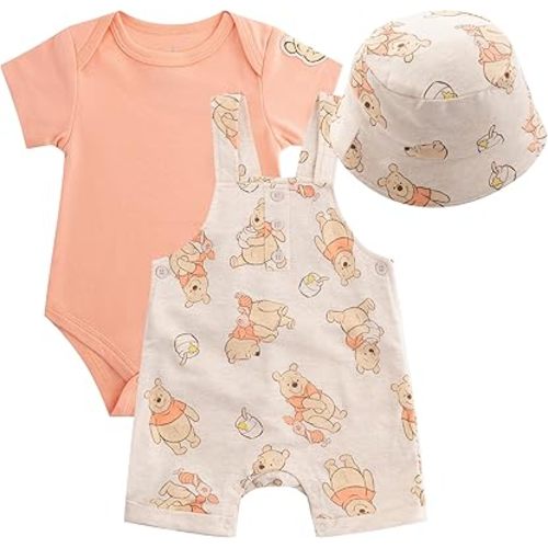 Disney Winnie the Pooh Baby Boys Shortall French Terry Overalls Bodysuit and Bucket Hat 3-Piece Set For Newborn Infant