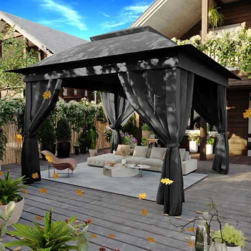 11 ft. x 11 ft. Black Steel Pop-up Gazebo with Mosquito Netting