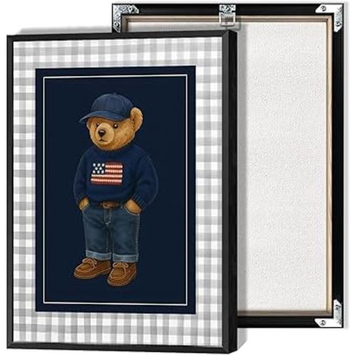 Navy Teddy Bear Canvas Wall Art Funny Bear In A Sweater Poster Preppy Lattice Abstract Animal Aesthetic Prints Painting For Living Room Bedroom Apartment Wall Decor 12x16in Framed