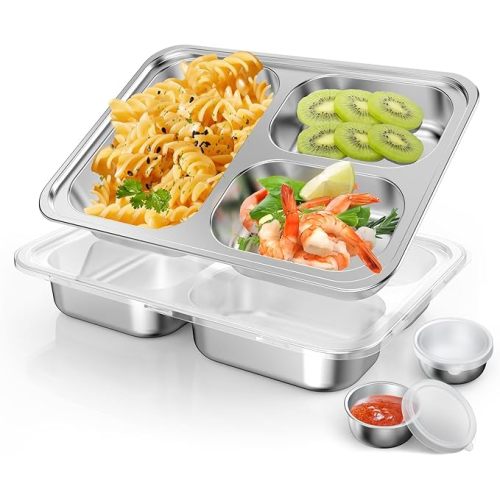 Stainless Steel Divided Plate for Kids Toddler, Non Toxic Portion Control Plate Dinner Plate with Lid for Adults Weight Loss, 2 Pack 3 Sections Rectangular Snack Plate Tray