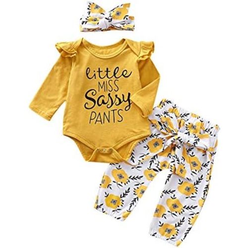 PigMaMa 3 Pcs Infant Baby Girl Clothes Letter Print Long Sleeve Romper Flower Pant Headband Toddler Outfits Set