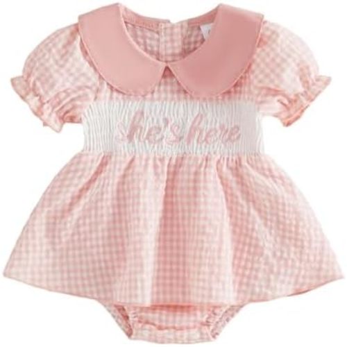 Newborn Baby Girl Romper Dress Plaid Short Sleeve Collar Smocked Dress Gingham One Piece Jumpsuit Summer Clothes