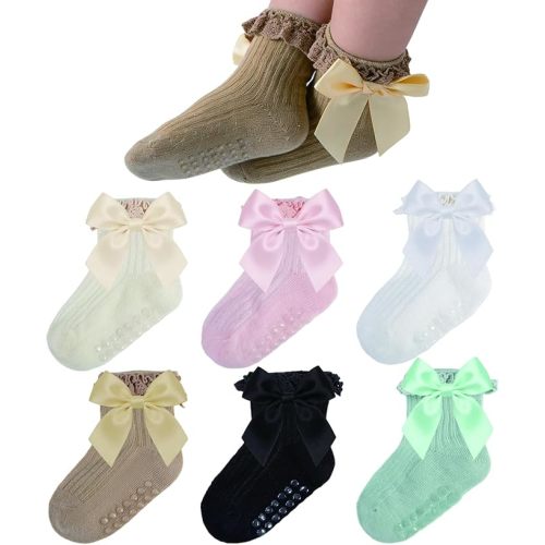 Baby Socks Baby Girl Non Slip Grip Ruffle Socks with Bows Soft Cotton Toddler Girl Sock with Grips Newborn Infant