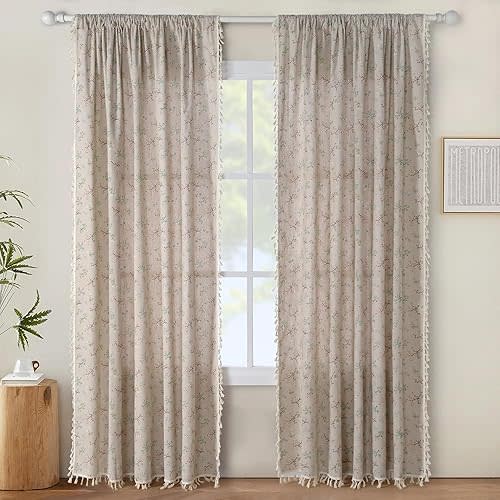JOOJA Floral Boho Curtains, 2 Panels Semi-Blackout Vintage Window Drapes for Living Room 96 Inches Long Floral Patterned Farmhouse Curtains Rod Pocket Beige Curtains with Tassels for Bedroom 59x96