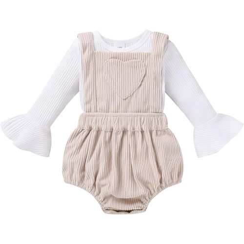 Newborn Baby Girl Clothes Bell Sleeve Romper and Corduroy Overalls Shorts Infant Girl Fall Outfits