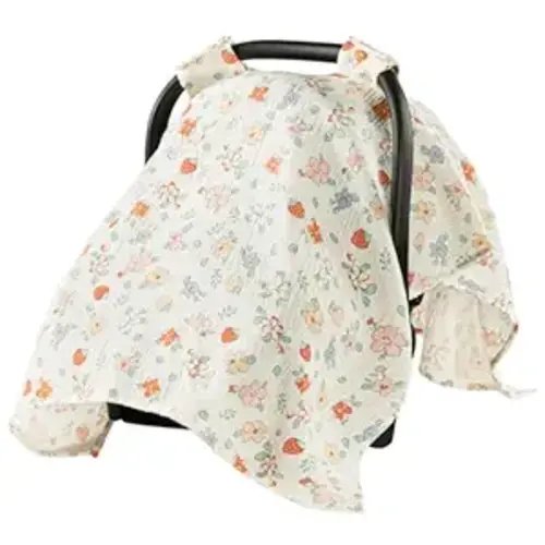 100% Muslin Cotton Car Seat Cover for Baby, Soft Breathable Car Seat Canopy, Universal Infant Carseat Cover Sun Protector, Lightweight Summer Stroller Cover for Boys Girls - Strawberry