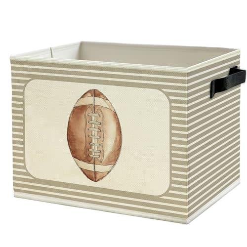 Football Boy Nursery Storage Bins Box with Handles, Football Sports Neutral Striped Collapsible Basket Organizer for Kids Toddler Boys Room Bedroom Playroom Bathroom Books Clothes
