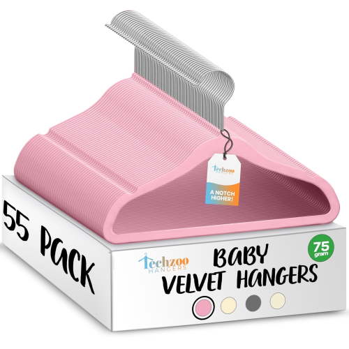 Techzoo Premium Baby Velvet Hangers 55 Pack – 11.8" Non Slip Felt Cloth Hangers for Closet – Ultra Slim, Space Saving Baby Clothes Hangers with 360° Swivel Hook Infant Hangers – Pink