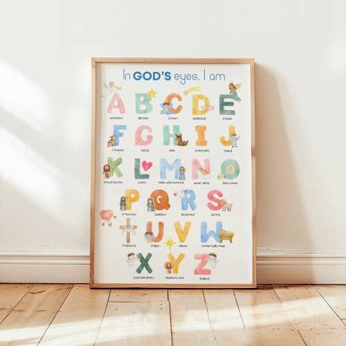 Christian Watercolor Alphabet Poster – Educational Bible Nursery Wall Art