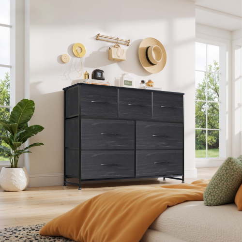 Dresser, Betcozy Storage Organizer with 7 Drawers for Bedroom, Chest of Drawers with Fabric Bins, Sturdy Metal Frame, Wood Tabletop for Guest Room, Closet, Entryway, Nursery, Black