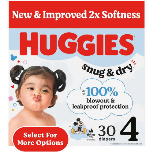 Huggies Snug & Dry Baby Diapers, Size 4 (22-37 lbs), 30 Ct (Select for More)