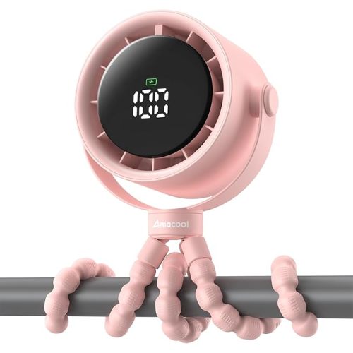 AMACOOL Baby Stroller Fan, Rechargeable Portable Clip on Fan, 17H Cooling with 5 Speeds, LED Display, 360°Rotate Personal Cooling Fans for Car Seat, Crib, Travel, Camping, Gifts for New Parents