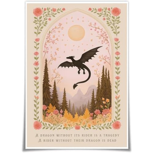 Dragon Without Its Rider Print, Floral Fall Dragon Poster, Fantasy Bookish Art, Girly Wall Art Boho Celestial Mystical Astrology Prints Unframed 16x24 Inch Canvas Wall Decor for Bedroom Living Room