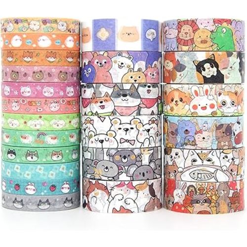WAPETASHI Cute Washi Tape Set - 24 Rolls Kawaii Animals Gold Foil Decorative Masking Tape for Journaling, Scrapbooking, Kids DIY Crafts, Aesthetic Supplies, Planners, Bullet Journal