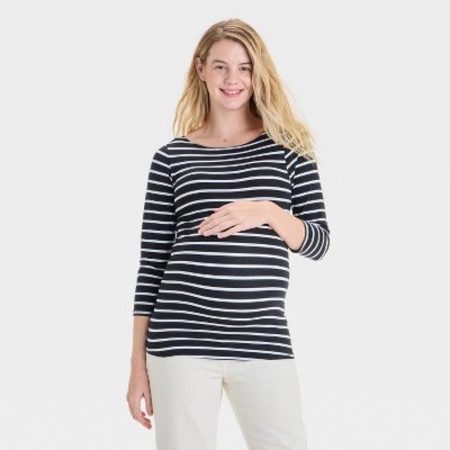 3/4 Sleeve Boatneck Maternity T-Shirt - Isabel Maternity by Ingrid & Isabel™ Black/White Striped XXL: Cotton Modal Blend, Knit Pullover