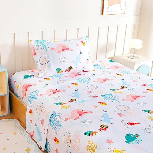 Twin Sheet Set Kids - Ocean Shrimp Crab Fish 3 Pieces Soft Microfiber Cartoon Style Bedsheets for Boys Girls Teens, Oeko TEX Breathable 15 Inch Deep Pocket Sheets(Marine Animals)