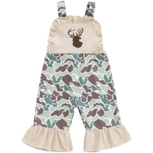Toddler Baby Girl Hunting Outfit Camo Deer Bell Bottom Overalls Romper Sleeveless One Piece Jumpsuit Fall Clothes