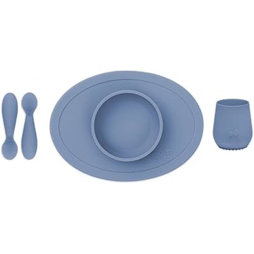 ezpz First Foods Set for Babies – Suctioning Bowl, Cup, & Spoons for Self-Feeding & Fine Motor Skills Development – 100% Food Grade Silicone, Dishwasher Safe – Perfect for 4 Months Plus (Indigo)