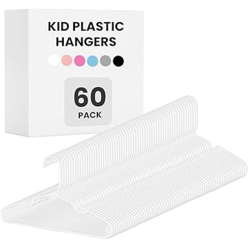 InfiniPower 60-Pack Kids Plastic Hangers, 11.5" Non-Slip & Space-Saving Hangers for Toddler & Infant Clothes, Shirts, Pants, Coats, Skirts, White