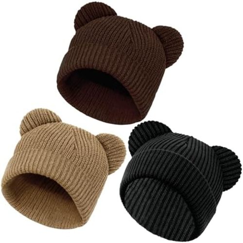 YukiniYa Baby Beanie Cute Toddler Winter Hat 3 Pack Soft Double Layers Knit Warm Cap for Infant Girls Boys Kids 0-8 Years