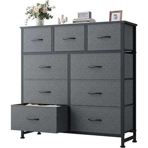DUMOS Dresser for Bedroom, Dressers & Chests of Drawers Dresser Organizer, Wood Top Table Furniture with 9 Fabric Storage Tower Unit, Chest of Drawers for Closet, Living Room, Hallway, Porch