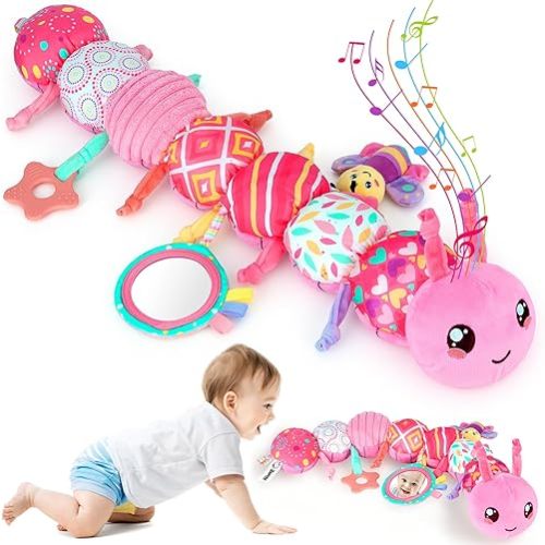 Baby Girls Toys 6-12 Months - Infant 6-in-1 Sensory Music Animal Stuffed Caterpillar Toy with Rattle & Mirror Crinkle for Tummy Time, Newborn 0 3 6 9 12 18 Shower Gifts Soothing Companion Toys, Pink
