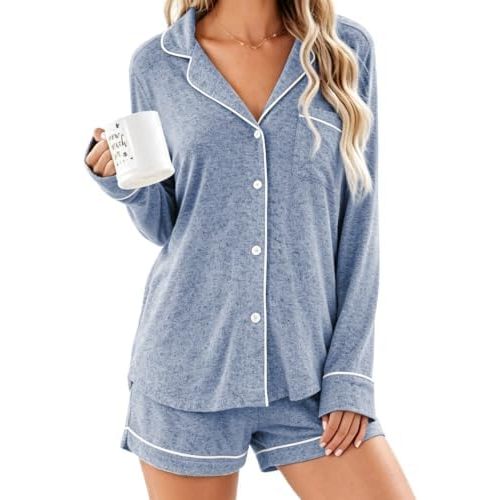 Aamikast Womens Pajama Sets Button Down Long Sleeve Sleepwear Soft 2 Piece Pjs Lounge Set