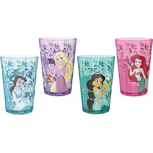 Zak Designs 14.5oz Disney Princess Nesting Tumbler Set Includes Durable Plastic Cups, Fun Drinkware is Perfect for Kids, 4pk (14.5oz, Belle & Jasmine & Ariel), PYRP-0731