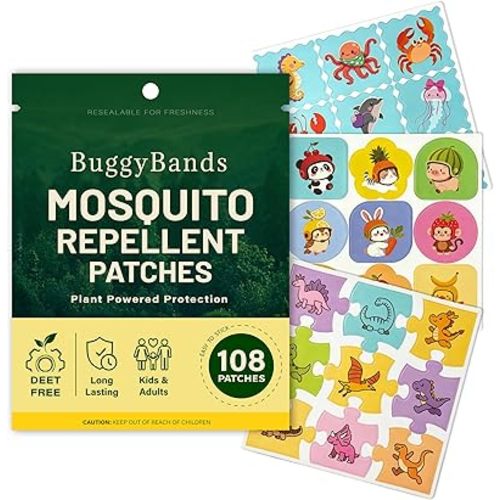 BuggyBands Mosquito Repellent Stickers for Kids – 108 Pack Waterproof PU Mosquito Patches (Dinosaur, Ocean & Fruit Themes) – Plant-Based Essential Oils, DEET-Free – Safe for Toddlers & Children