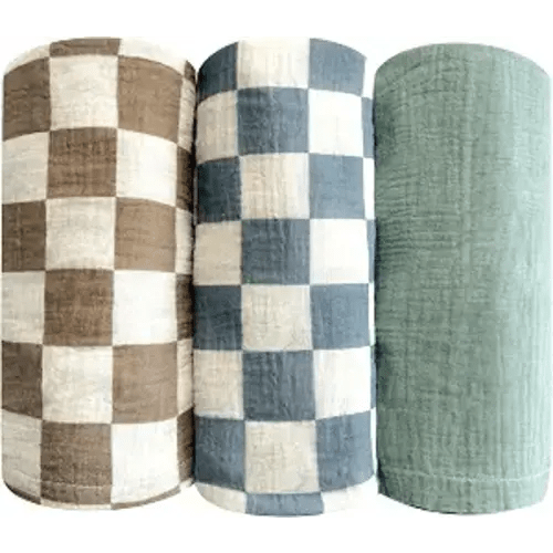 3 Pack Ultra Soft Checkered Muslin Swaddle Blankets 38"x40" Cotton Newborn Muslin Receiving Blankets for Baby Boys Infant Essentials Blanket for Stroller Crib Tummy Time Coffee Blue