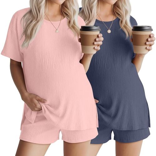 Riyiper 4 Pcs 100% Cotton Maternity Pajamas Sets | Pregnancy Lounge Set, Muslin Cotton PJS, Side Slit Short Sleeve Shirts and Shorts, Loose Fit Loungewear, Maternity Outfits