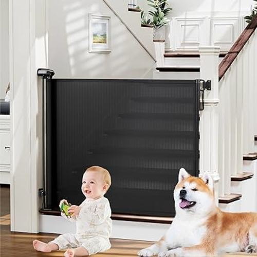 PRObebi Retractable Baby Gates for Stairs, Dog Gates Extend to 54" Wide 34" Tall, Black