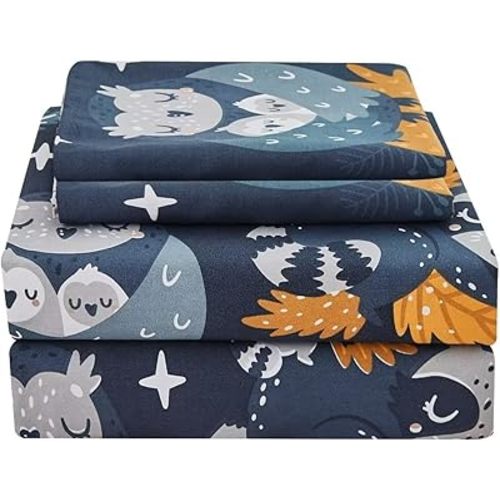 JSD Navy Blue Owl Kids Sheet Set Twin Size, 3 Piece Forest Animals Printed Microfiber Bed Sheets Deep Pocket