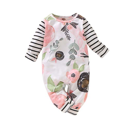 Newborn Baby Girls Romper 0 Months Baby Girls Jumpsuit Onesies Bodysuit 3 Months Baby Girls Long Sleeve Floral Print Splice Stripe Round Neck Romper