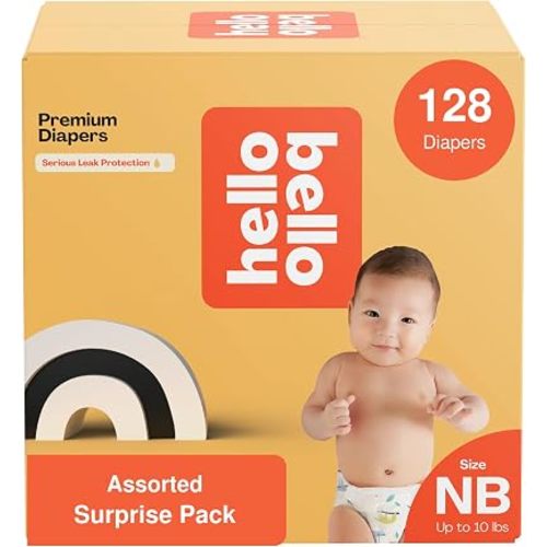 Hello Bello Premium Newborn Diapers, (Size NB - Up to 10 lbs) Surprise Pack - 128 Count, Hypoallergenic with Soft, Cloth-Like Feel - Assorted Gender Neutral Patterns